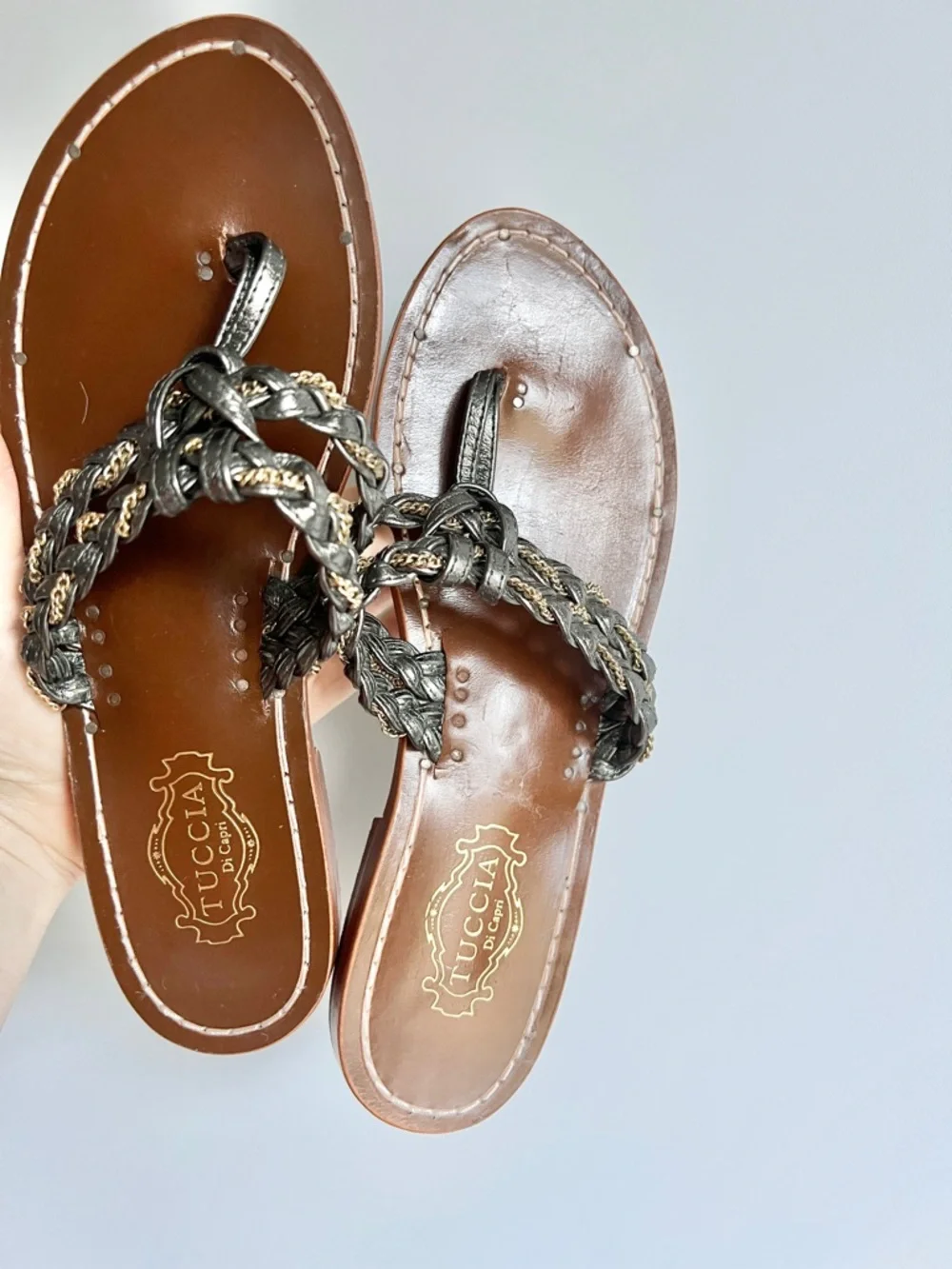 Tuccia di Capri Silver Braided Leather & Gold Chain Toe-Post Sandals Size EU 37